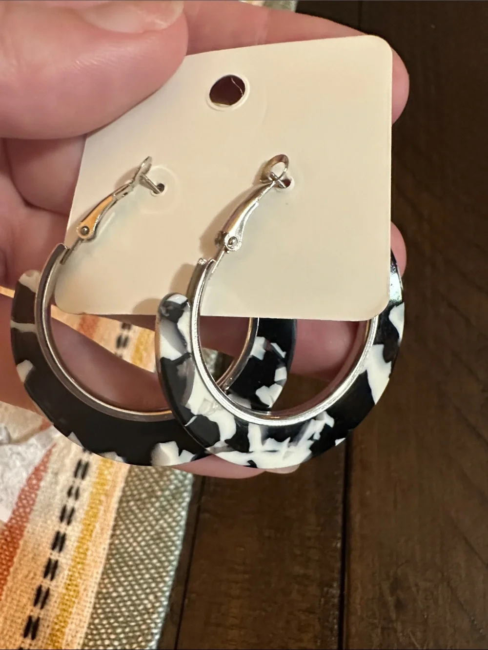 Silver Black & White Marbled Hoop Earrings - Women Earrings & Accessories